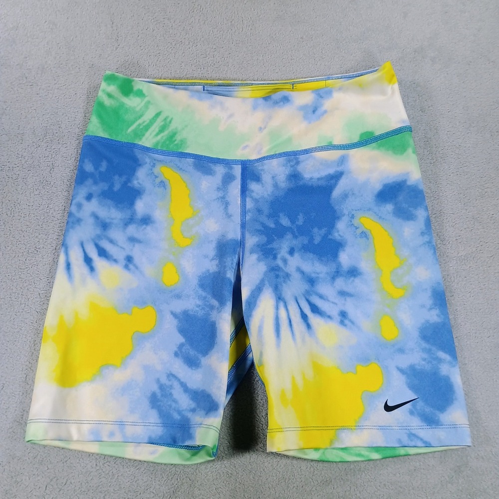 Nike Womens Dri-FIT Tie Dye Biker Shorts Blue Yellow Large High Waisted